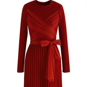 CHICWISH SELF-TIE MESH BOW RIBBED KNIT DRESS IN RED
